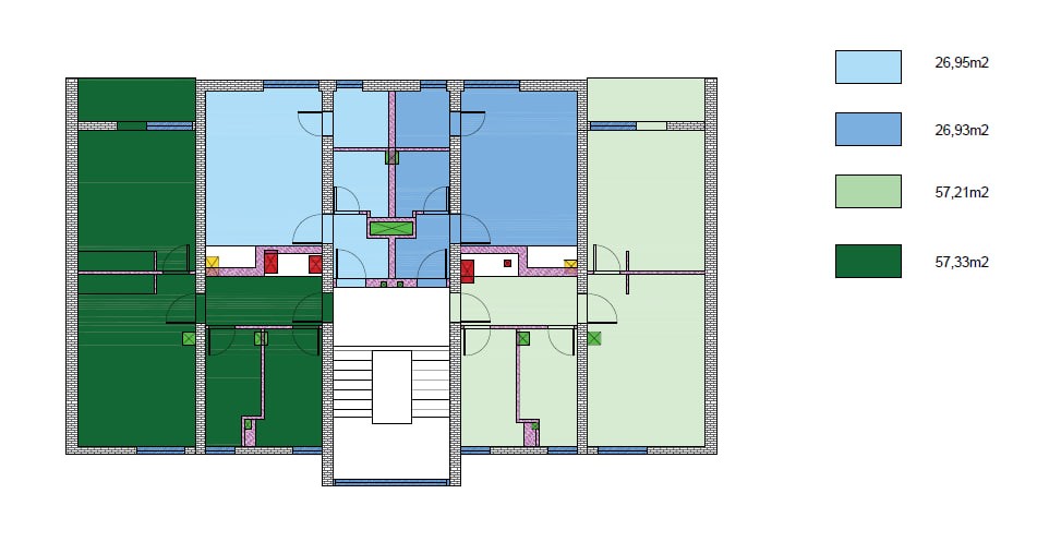 Экспликация типового этажа: апартаменты 26,93 и 26,95 м² и 57,21 и 57,33 м²